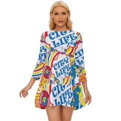 Colorful City Life Horizontal Seamless Pattern Urban City Long Sleeve Babydoll Dress by Simbadda