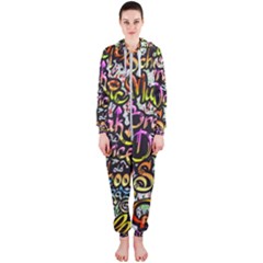 Graffiti Word Seamless Pattern Hooded Jumpsuit (ladies) by Simbadda