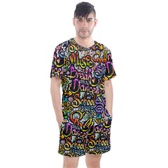 Graffiti Word Seamless Pattern Men s Mesh Tee And Shorts Set