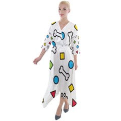 Dog Paw Seamless Pattern Foot Print Bone Quarter Sleeve Wrap Front Maxi Dress