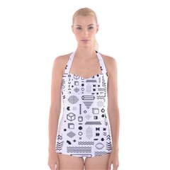 Pattern Hipster Abstract Form Geometric Line Variety Shapes Polkadots Fashion Style Seamless Boyleg Halter Swimsuit  by Simbadda