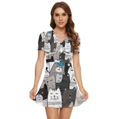 Cute Cat Hand Drawn Cartoon Style V-neck High Waist Chiffon Mini Dress by Simbadda