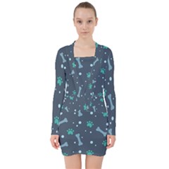 Bons Foot Prints Pattern Background V-neck Bodycon Long Sleeve Dress by Simbadda