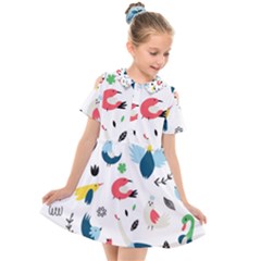 Vector Set Isolates With Cute Bird Scandinavian Style Kids  Short Sleeve Shirt Dress