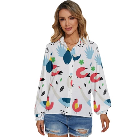 Vector Set Isolates With Cute Bird Scandinavian Style Women s Long Sleeve Button Up Shirt by Simbadda