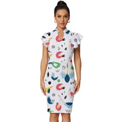 Vector Set Isolates With Cute Bird Scandinavian Style Vintage Frill Sleeve V-Neck Bodycon Dress