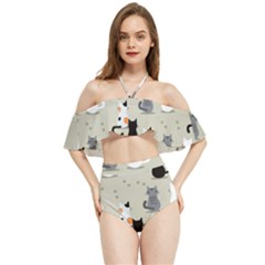 Cute Cat Seamless Pattern Halter Flowy Bikini Set  by Simbadda