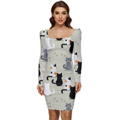 Cute Cat Seamless Pattern Women Long Sleeve Ruched Stretch Jersey Dress