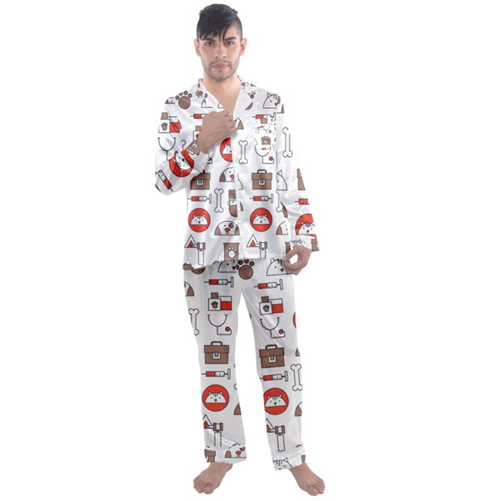 Vector Thin Line Art Vet Seamless Pattern Men s Long Sleeve Satin Pajamas Set