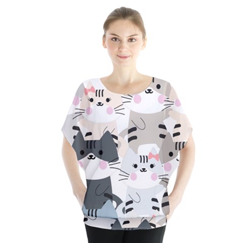 Cute Cat Couple Seamless Pattern Cartoon Batwing Chiffon Blouse by Simbadda