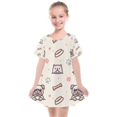 Pug-dog-cat-with-bone-fish-bones-paw-prints-ball-seamless-pattern-vector-background Kids  Smock Dress by Simbadda