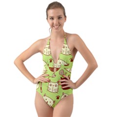 Cute-hand-drawn-cat-seamless-pattern Halter Cut-out One Piece Swimsuit by Simbadda