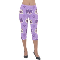 Cute-colorful-cat-kitten-with-paw-yarn-ball-seamless-pattern Lightweight Velour Capri Leggings  by Simbadda