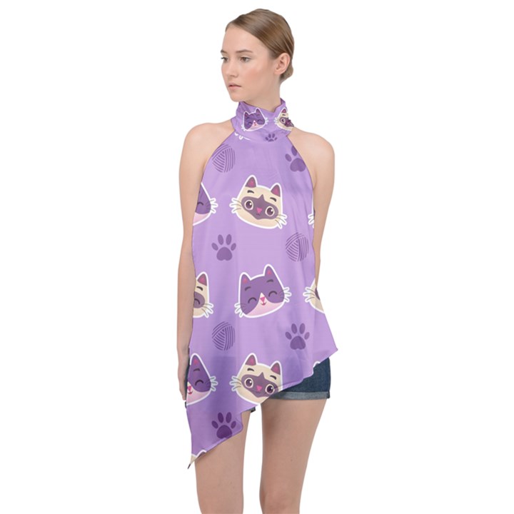 Cute-colorful-cat-kitten-with-paw-yarn-ball-seamless-pattern Halter Asymmetric Satin Top