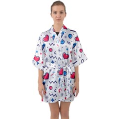 Hearts-seamless-pattern-memphis-style Half Sleeve Satin Kimono  by Simbadda