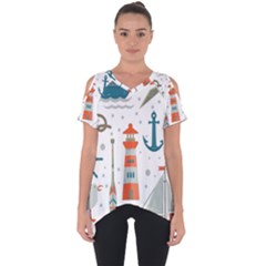 Nautical-elements-pattern-background Cut Out Side Drop Tee by Simbadda