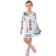 Nautical-elements-pattern-background Kids  Long Sleeve Velvet Dress by Simbadda