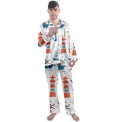 Nautical-elements-pattern-background Men s Long Sleeve Satin Pajamas Set