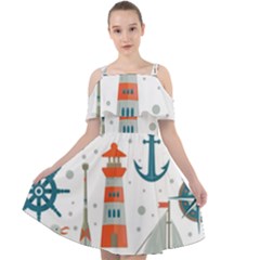 Nautical-elements-pattern-background Cut Out Shoulders Chiffon Dress by Simbadda