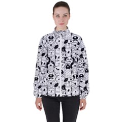 Seamless-pattern-with-black-white-doodle-dogs Women s High Neck Windbreaker