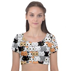 Cute-cat-kitten-cartoon-doodle-seamless-pattern Velvet Short Sleeve Crop Top  by Simbadda