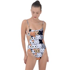 Cute-cat-kitten-cartoon-doodle-seamless-pattern Tie Strap One Piece Swimsuit by Simbadda