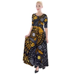 Yin-yang-owl-doodle-ornament-illustration Half Sleeves Maxi Dress