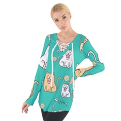 Seamless-pattern-cute-cat-cartoon-with-hand-drawn-style Tie Up Tee by Simbadda
