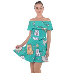 Seamless-pattern-cute-cat-cartoon-with-hand-drawn-style Off Shoulder Velour Dress by Simbadda