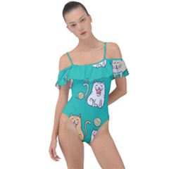 Seamless-pattern-cute-cat-cartoon-with-hand-drawn-style Frill Detail One Piece Swimsuit by Simbadda