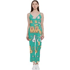 Seamless-pattern-cute-cat-cartoon-with-hand-drawn-style V-neck Camisole Jumpsuit by Simbadda