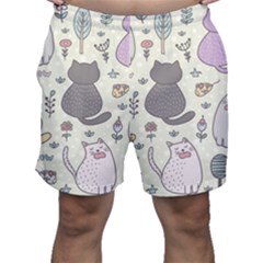 Funny Cartoon Cat Seamless Pattern Men s Shorts by Simbadda