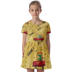 Childish-seamless-pattern-with-dino-driver Kids  Short Sleeve Pinafore Style Dress by Simbadda