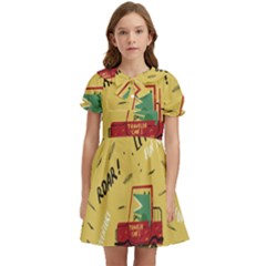 Childish-seamless-pattern-with-dino-driver Kids  Bow Tie Puff Sleeve Dress by Simbadda