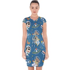 Seamless-pattern-funny-astronaut-outer-space-transportation Capsleeve Drawstring Dress 