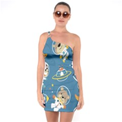 Seamless-pattern-funny-astronaut-outer-space-transportation One Shoulder Ring Trim Bodycon Dress