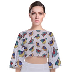 Seamless-pattern-with-hand-drawn-bird-black Tie Back Butterfly Sleeve Chiffon Top by Simbadda