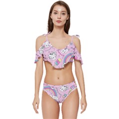 Beautiful-cute-animals-pattern-pink Ruffle Edge Tie Up Bikini Set	 by Simbadda