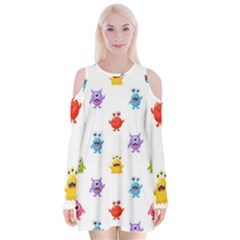 Seamless-pattern-cute-funny-monster-cartoon-isolated-white-background Velvet Long Sleeve Shoulder Cutout Dress by Simbadda