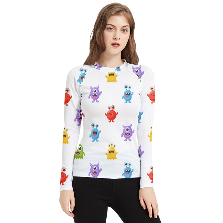 Seamless-pattern-cute-funny-monster-cartoon-isolated-white-background Women s Long Sleeve Rash Guard