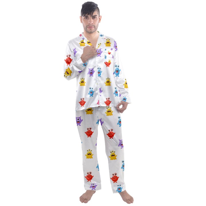 Seamless-pattern-cute-funny-monster-cartoon-isolated-white-background Men s Long Sleeve Satin Pajamas Set