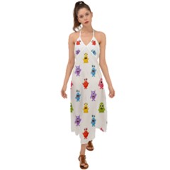 Seamless-pattern-cute-funny-monster-cartoon-isolated-white-background Halter Tie Back Dress  by Simbadda