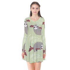 Sloths-pattern-design Long Sleeve V-neck Flare Dress by Simbadda