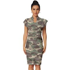 Camouflage Design Vintage Frill Sleeve V-neck Bodycon Dress by Excel