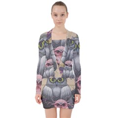 Graffiti Owl Design V-neck Bodycon Long Sleeve Dress