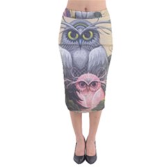 Graffiti Owl Design Velvet Midi Pencil Skirt