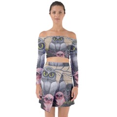 Graffiti Owl Design Off Shoulder Top With Skirt Set