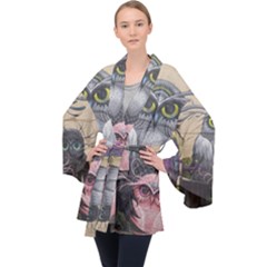 Graffiti Owl Design Long Sleeve Velvet Kimono 