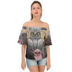 Graffiti Owl Design Off Shoulder Short Sleeve Top