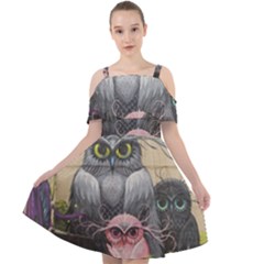 Graffiti Owl Design Cut Out Shoulders Chiffon Dress by Excel